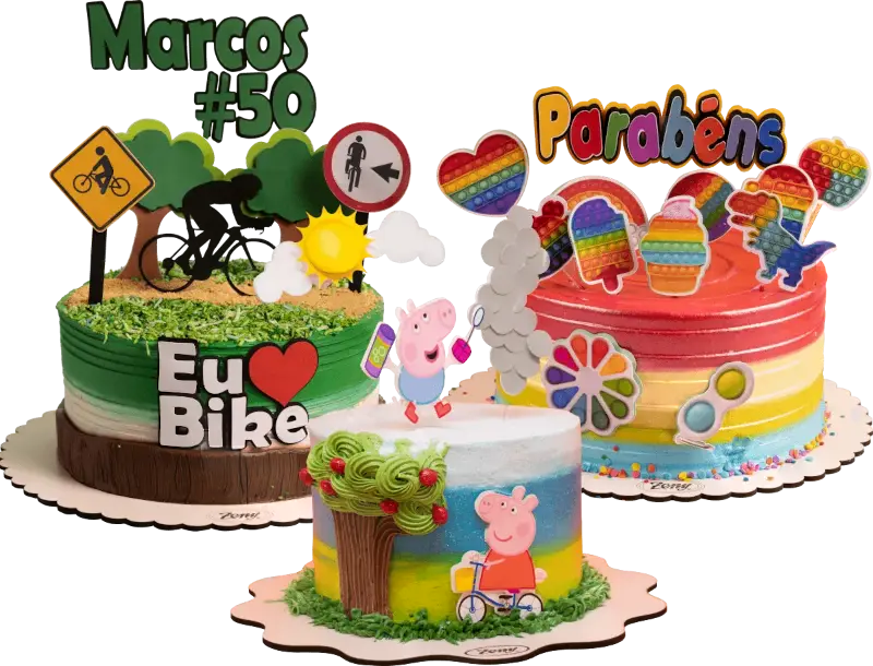 conjunto de três tortas personalizadas de diferentes temáticas